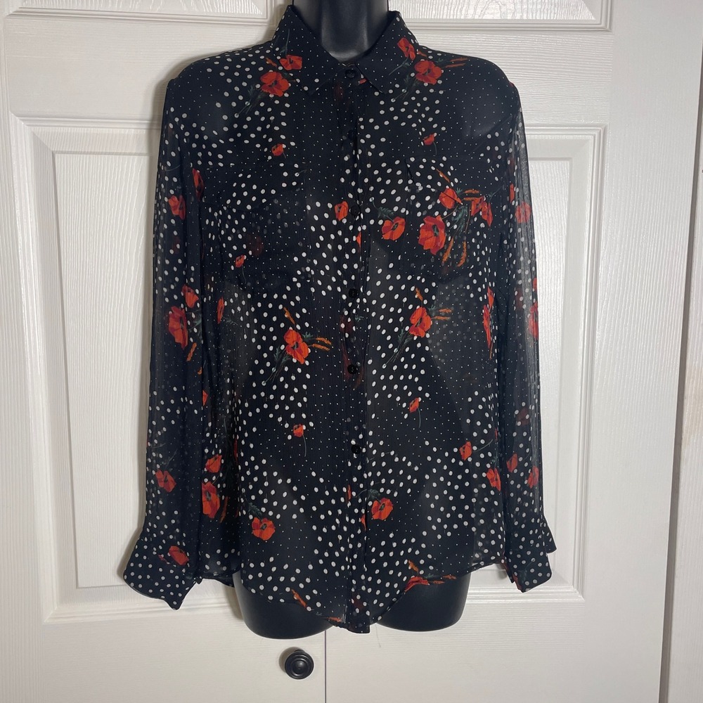 The Kooples Poppy Popi Pop Shirt Womenh 2 Black Polka Dot Floral Button Down Top